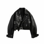 Neuveur Black Cropped Oversized Biker Jacket with Belt and Utility Pockets